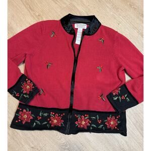 Tiara International Christmas Collection Sweater Floral RED Zipper Large Holiday